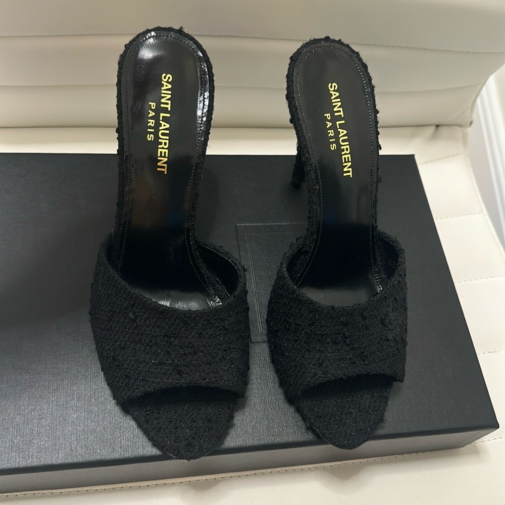 Saint Laurent black boucle open toe heel